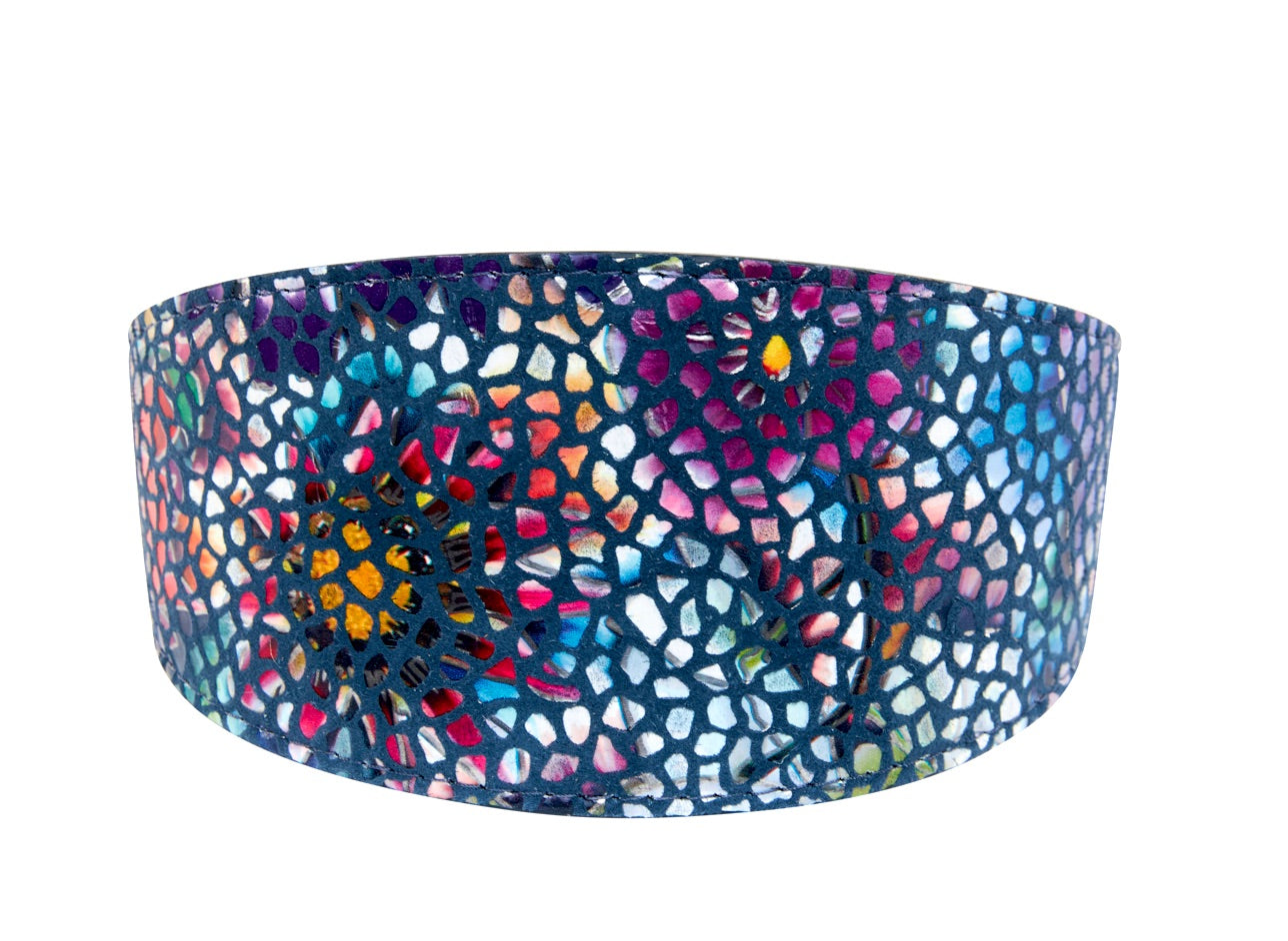Dark Midnight Blue Floral Mosaic Italian Leather 3" Wide Style Collar