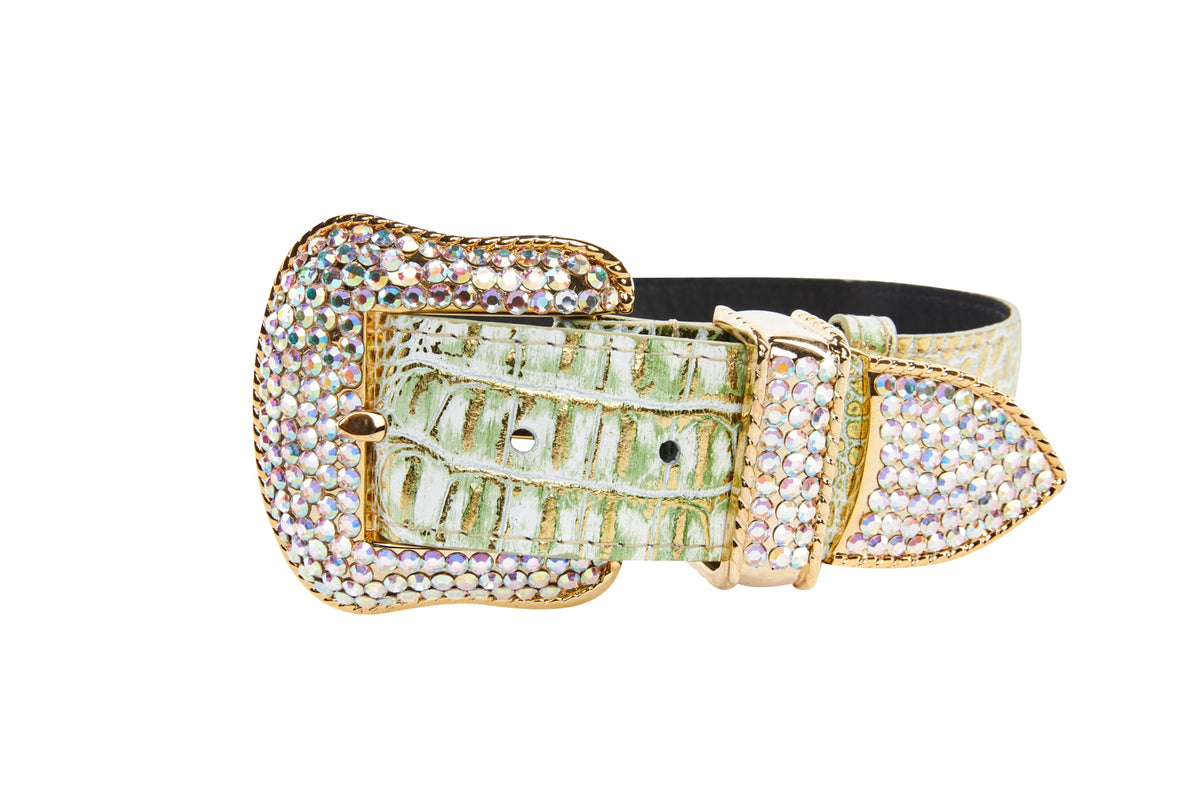 Allysa Payne Luxury Pet Fashion Green/Gold Embossed Croc Italian Leather/Swarovski Crystal Dog Collar