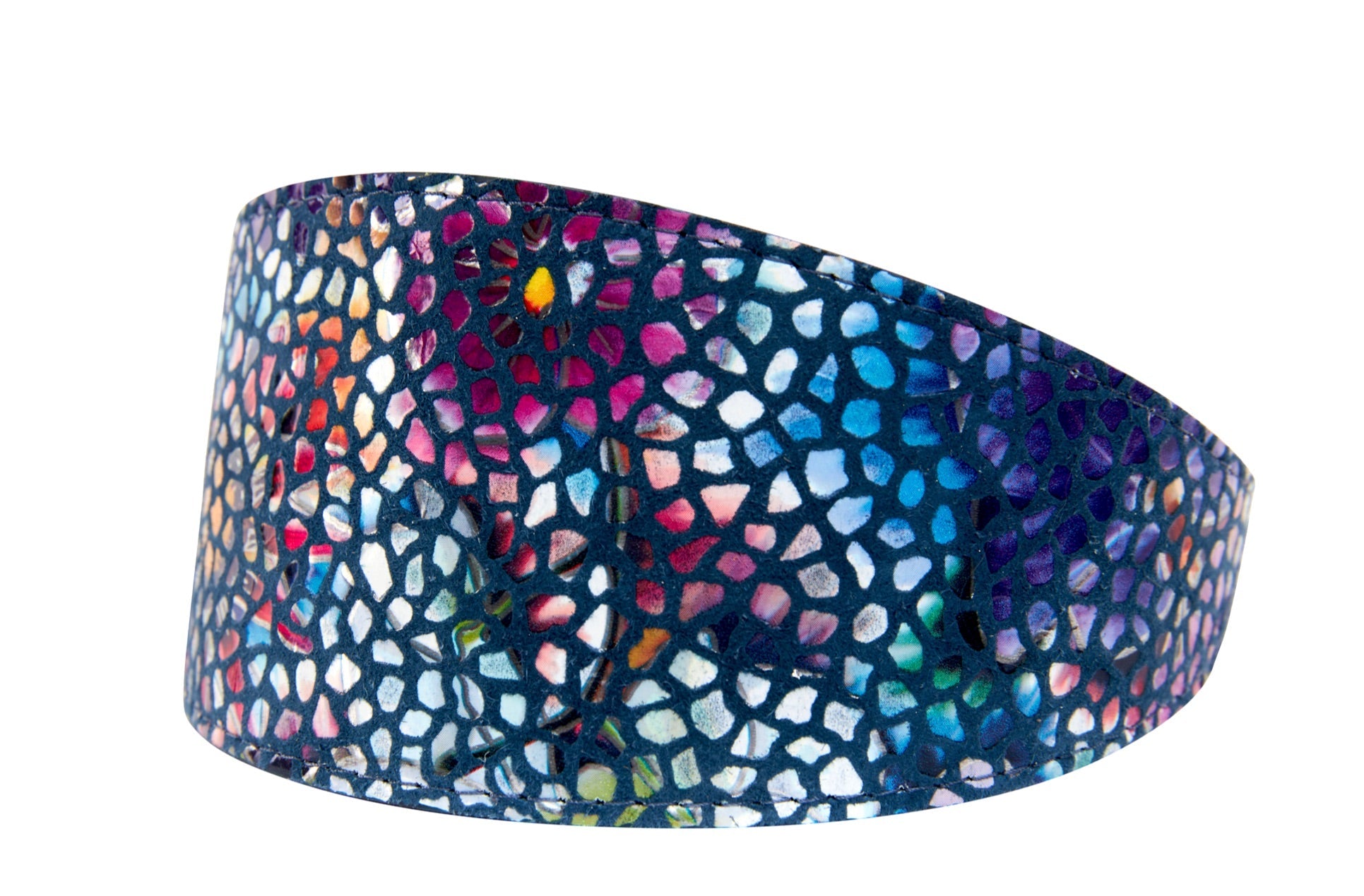 Dark Midnight Blue Floral Mosaic Italian Leather 3" Wide Style Collar
