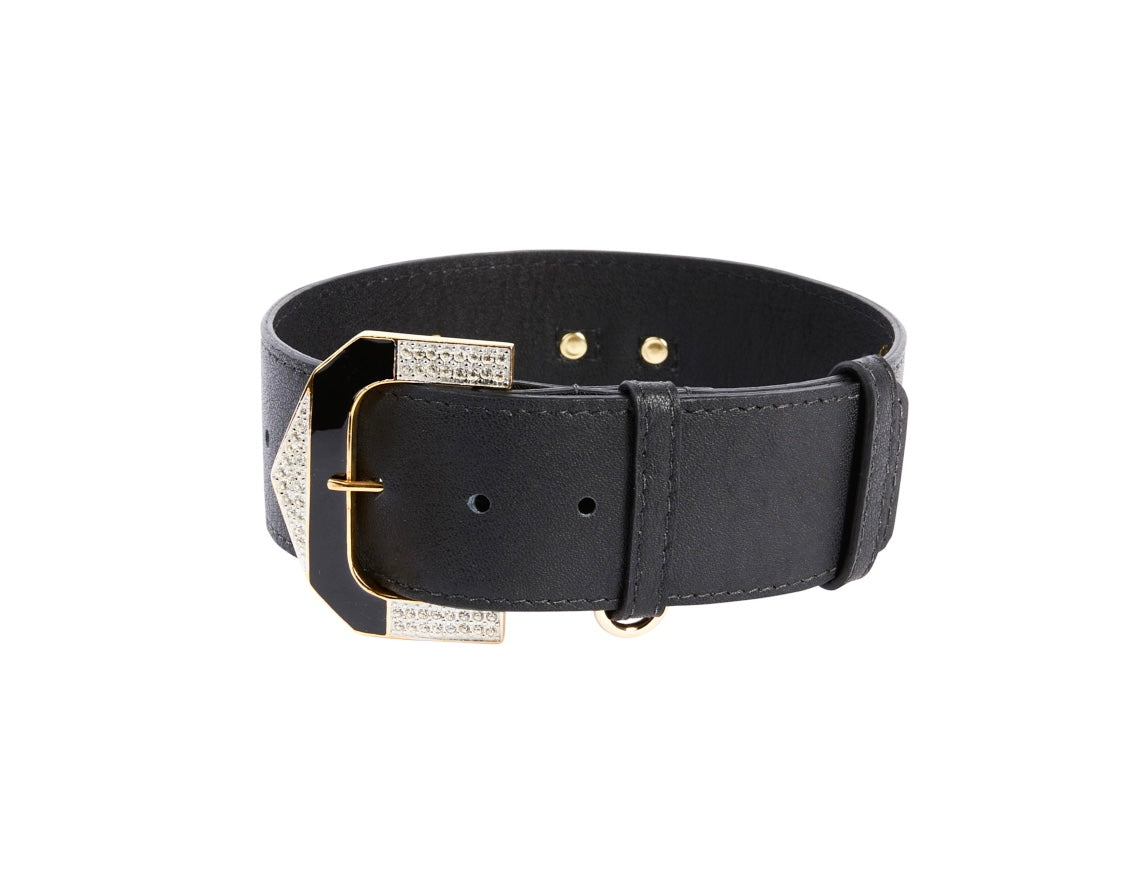Allysa Payne Black Italian Leather Dog Collar With Glamorous Italian Hardware