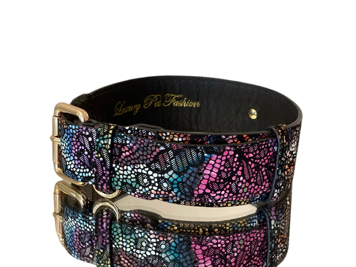 Allysa Payne Luxury Pet Fashion Black Floral Lace Italian Leather With Gold Classic Hardware Dog Collar