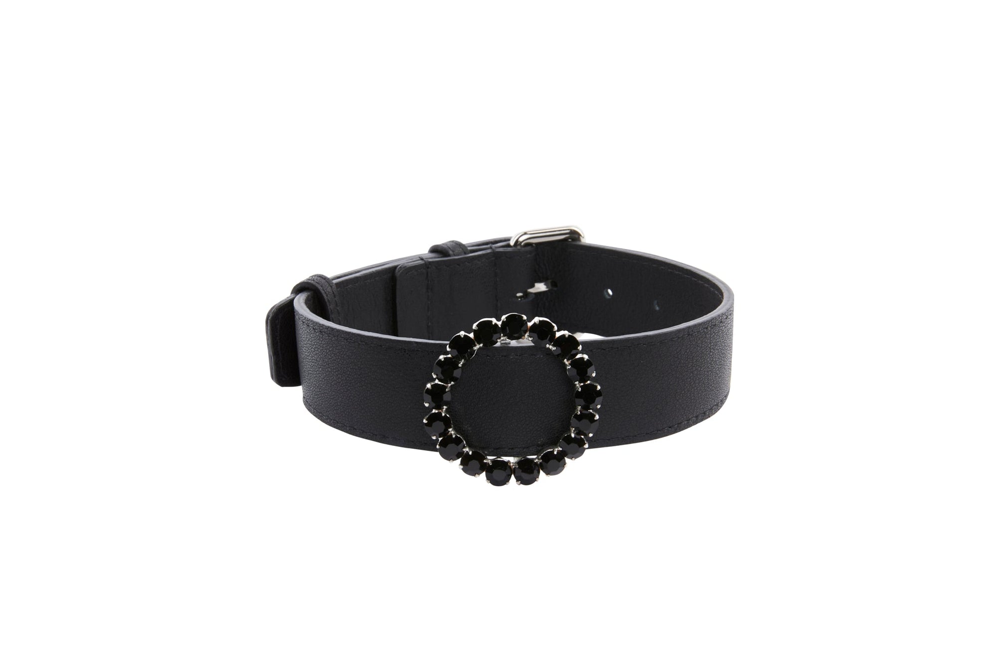Allysa Payne Black Italian Leather Dog Collar With Authentic Crystal Ring/Reversible Classic Collar
