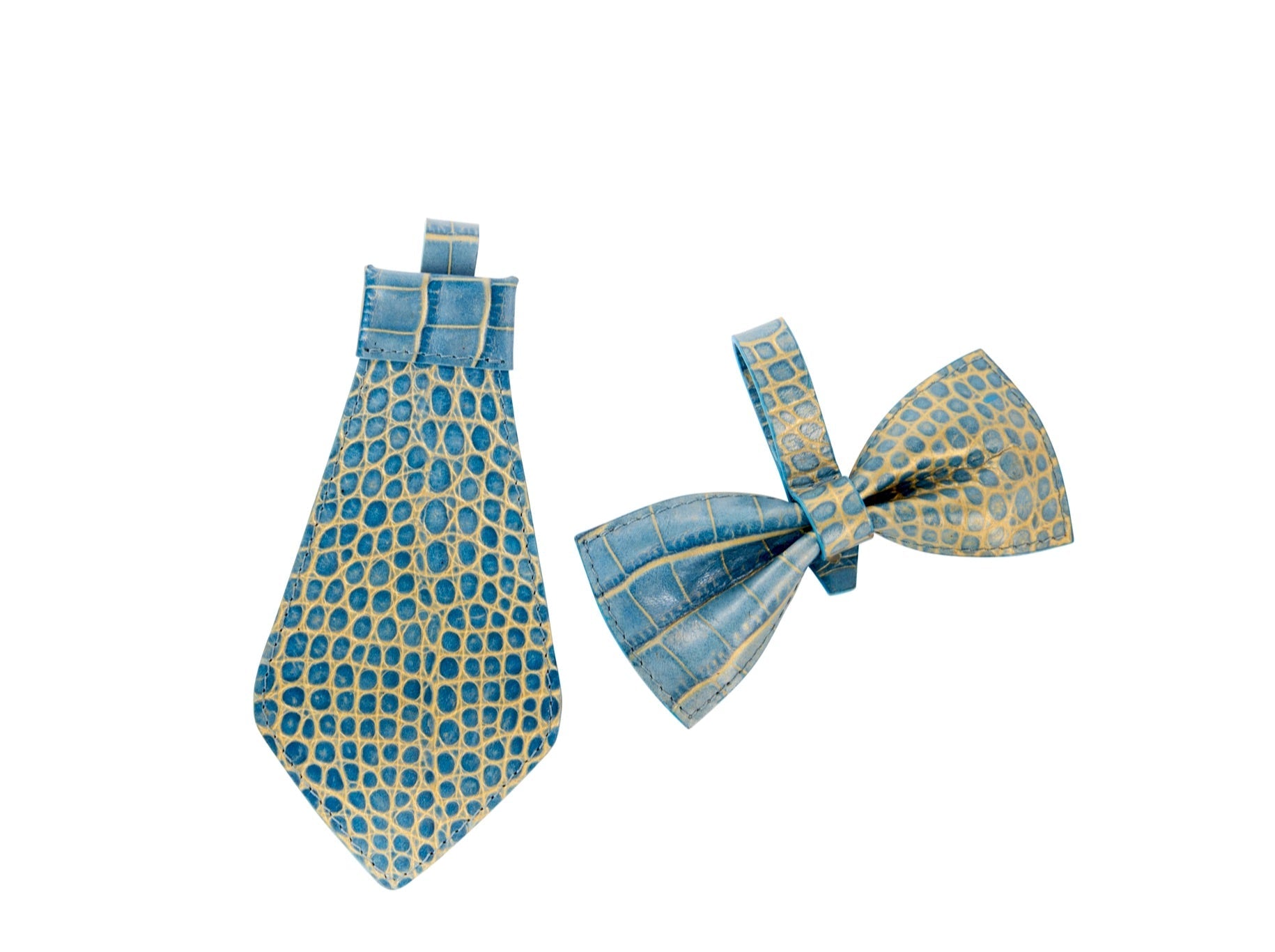 Allysa Payne Blue & Gold Embossed Croc Italian Leather Tie & Dog Bow Tie Set