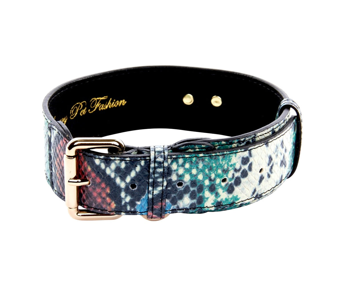 Allysa Payne Green, Blue, Black, Red Embossed Snake Italian Leather Dog Collar With Gold Classic Hardware