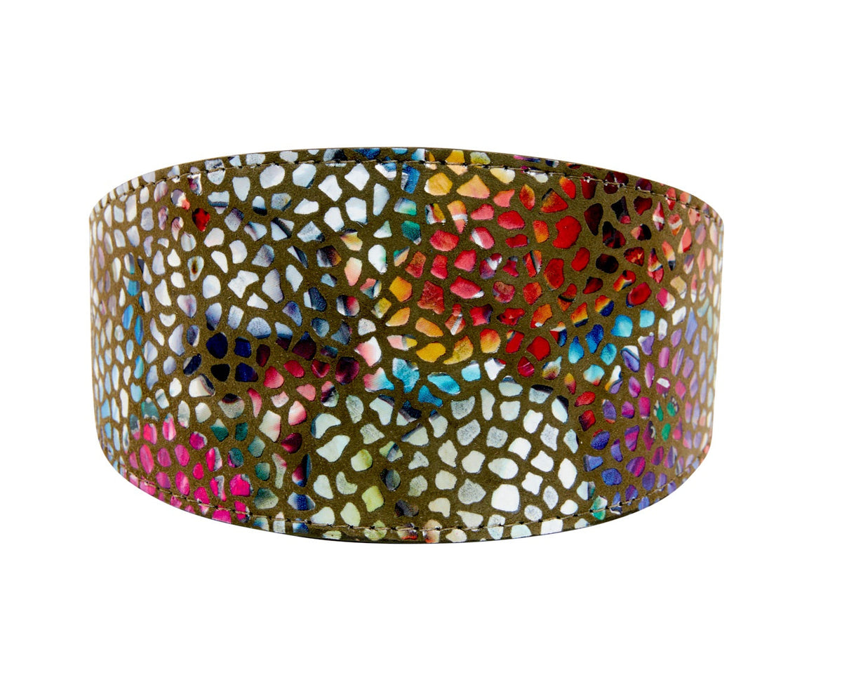 Allysa Payne Olive Floral Mosaic Italian Leather 3-Inch Wide Style Dog Collar