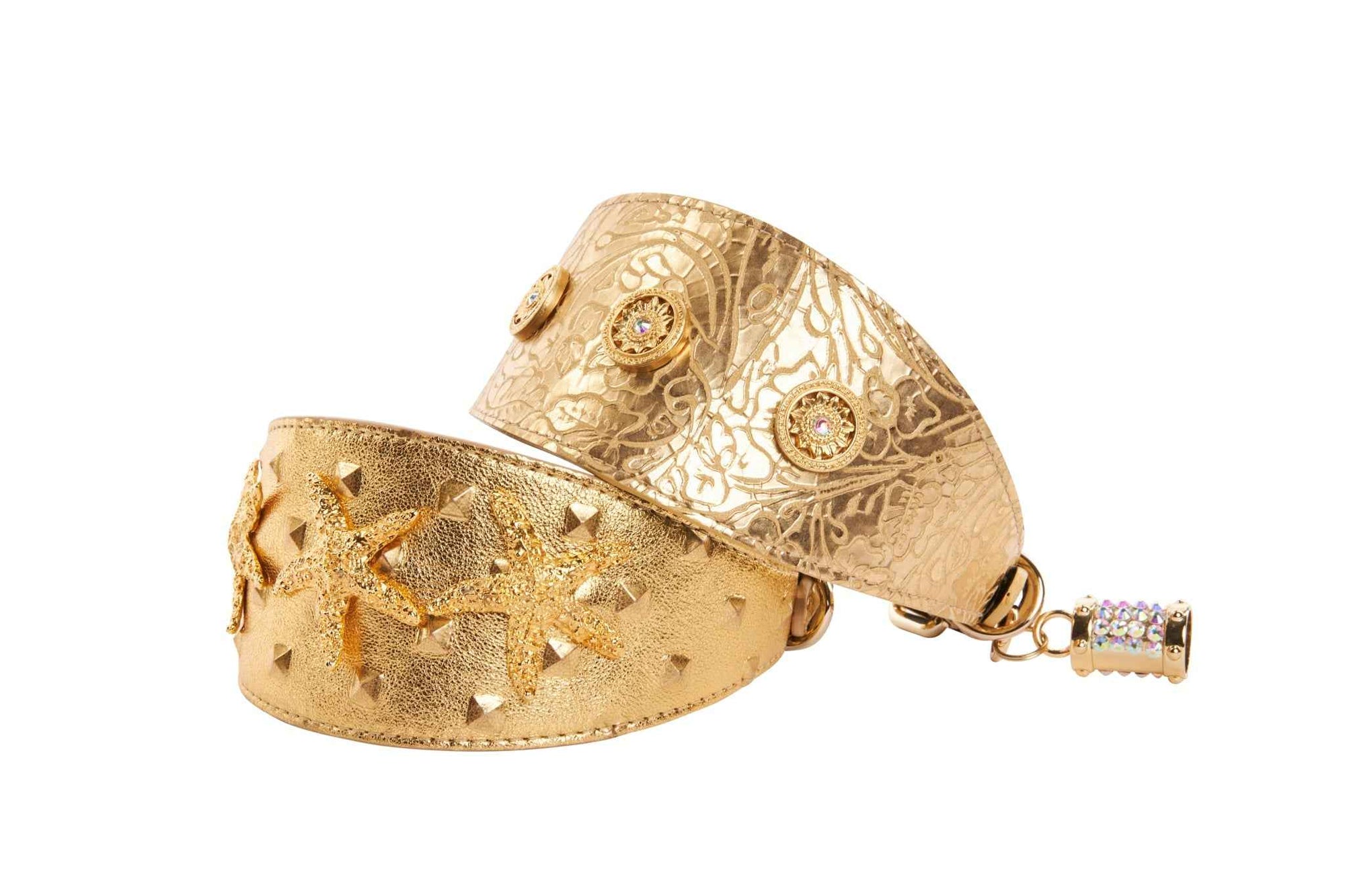 Allysa Payne Set Of Gold Floral Italian Leather With Swarovski Sunflowers & Gold Studded Italian Leather Starfish 3-Inch Wide Style Dog Collar