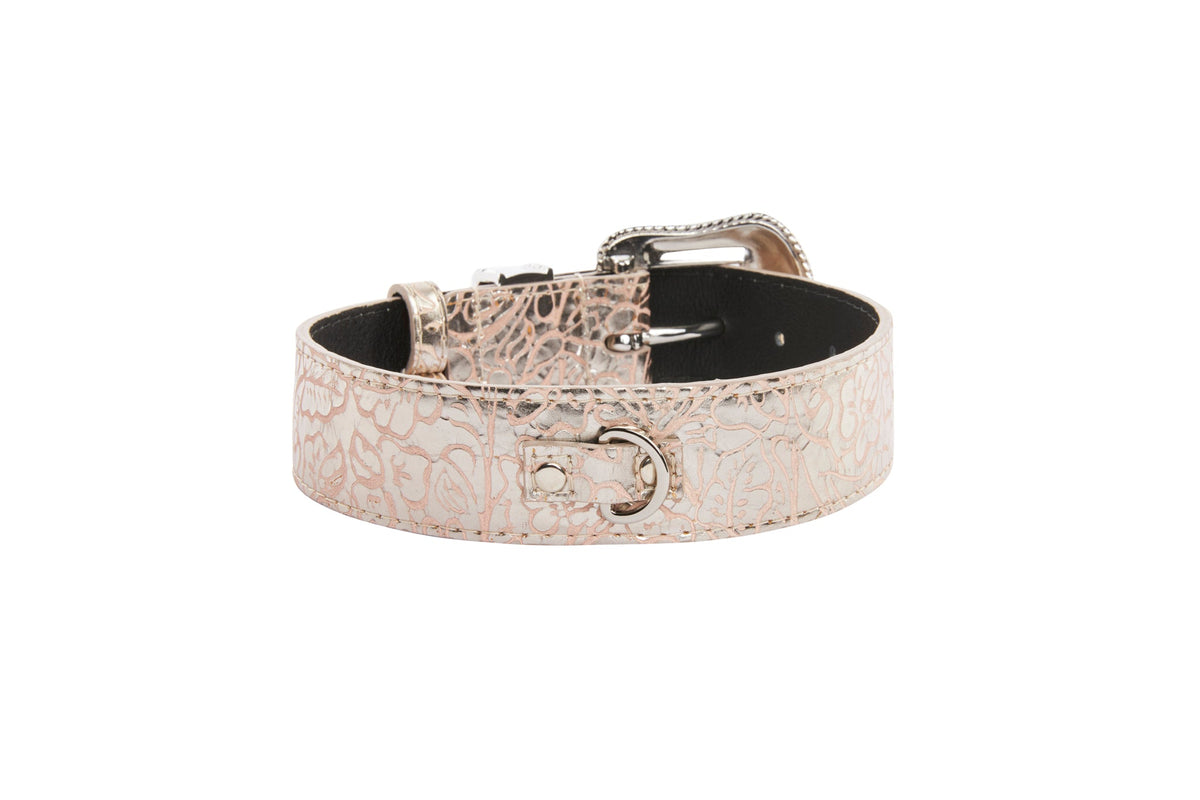 Allysa Payne Soft Pink/Silver Floral Print Italian Leather With Silver Swarovski Crystal Hardware Dog Collar