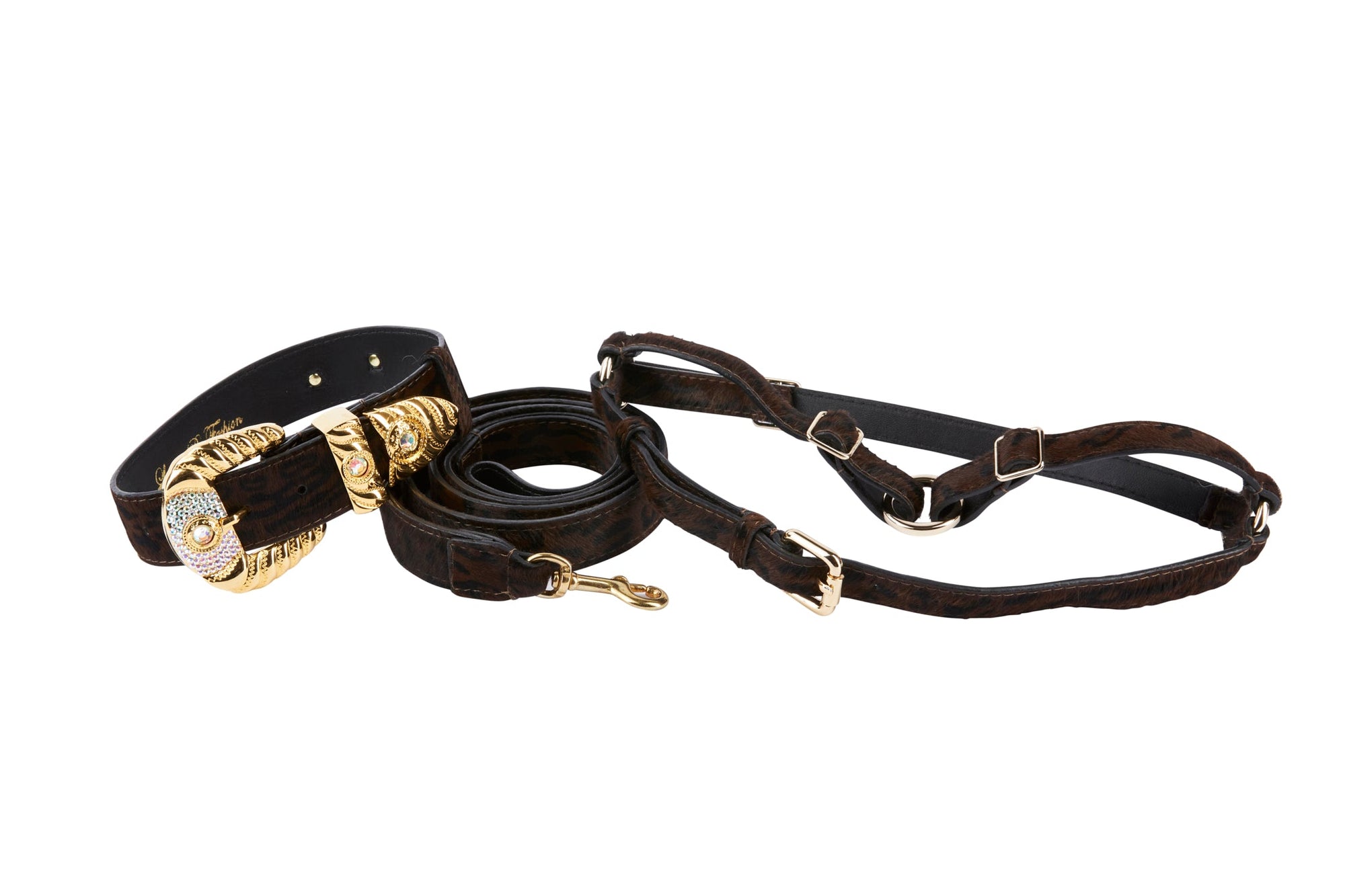 Allysa Payne Dark Leopard Hair On Hide Italian Leather, Ornate Italian Swarovski Crystal Hardware Dog Collar, Leash & Harness Set