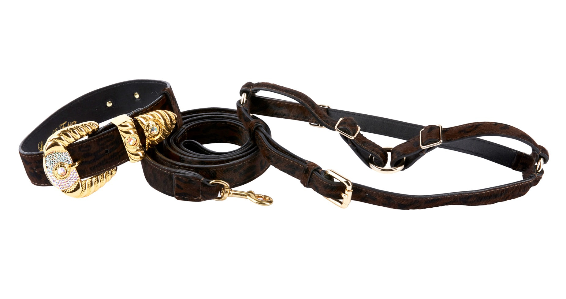 Allysa Payne Dark Leopard Hair On Hide Italian Leather, Ornate Italian Swarovski Crystal Hardware Dog Collar, Leash & Harness Set