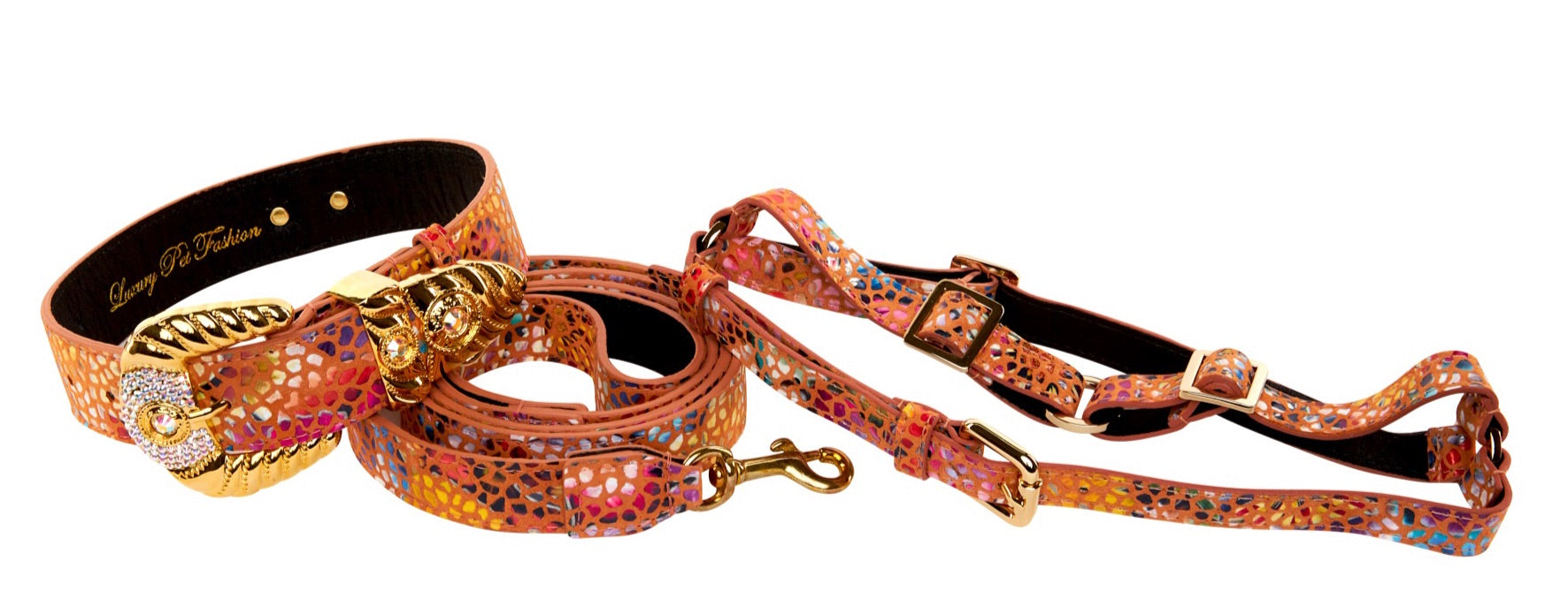 Orange Floral Mosaic Italian Leather/Ornate Swarovski Crystal Hardware Collar, Leash, Harness Set