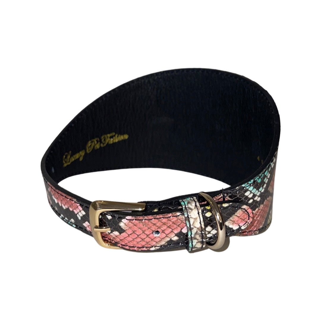 Allysa Payne Multi-Color Embossed Snake Italian Leather Wide Style Dog Collar With Custom Swarovski Crystal Rivets