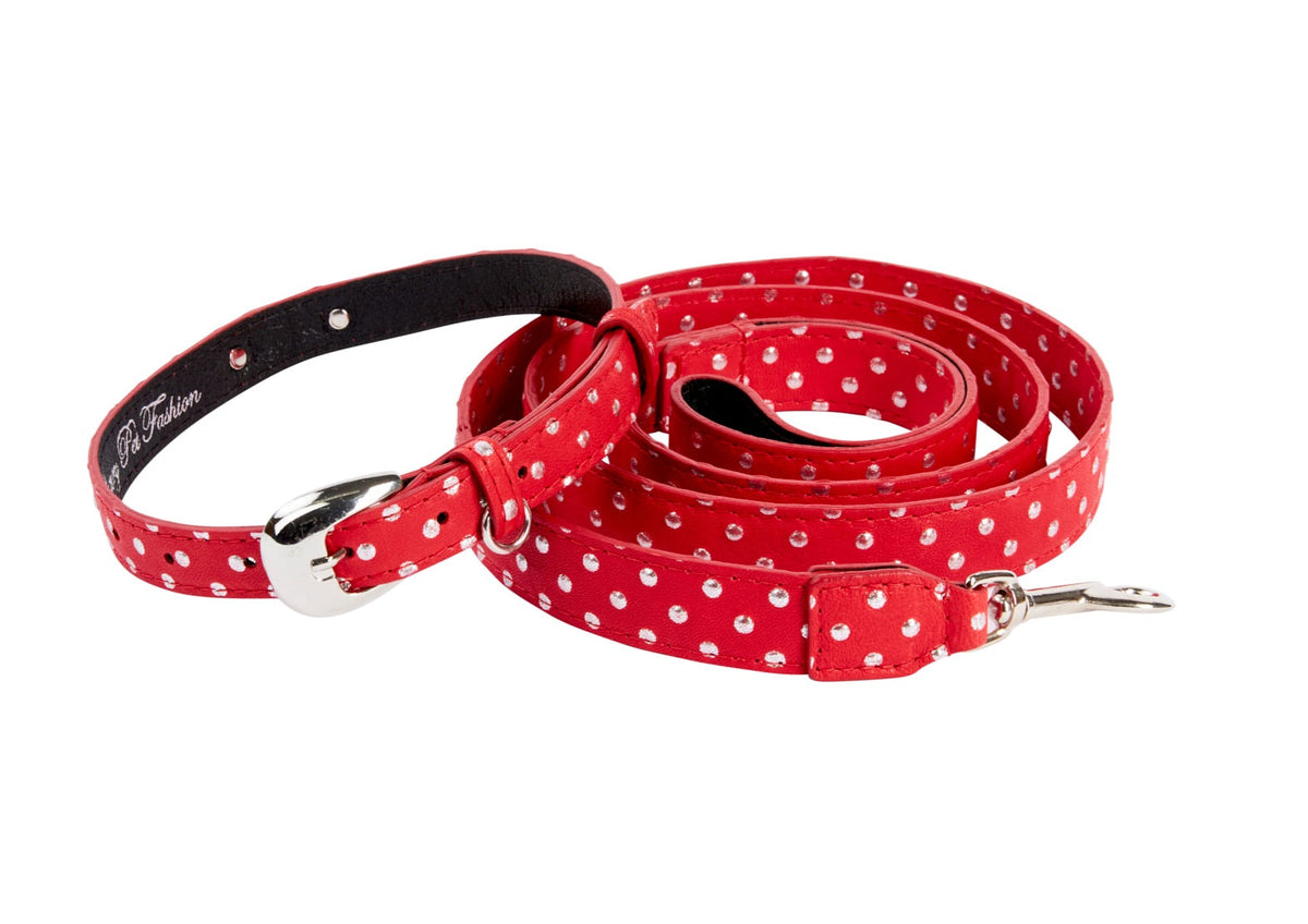 Allysa Payne Red & Silver Polka Dot Italian Leather With Silver Oval Hardware Dog Collar & Leash Set