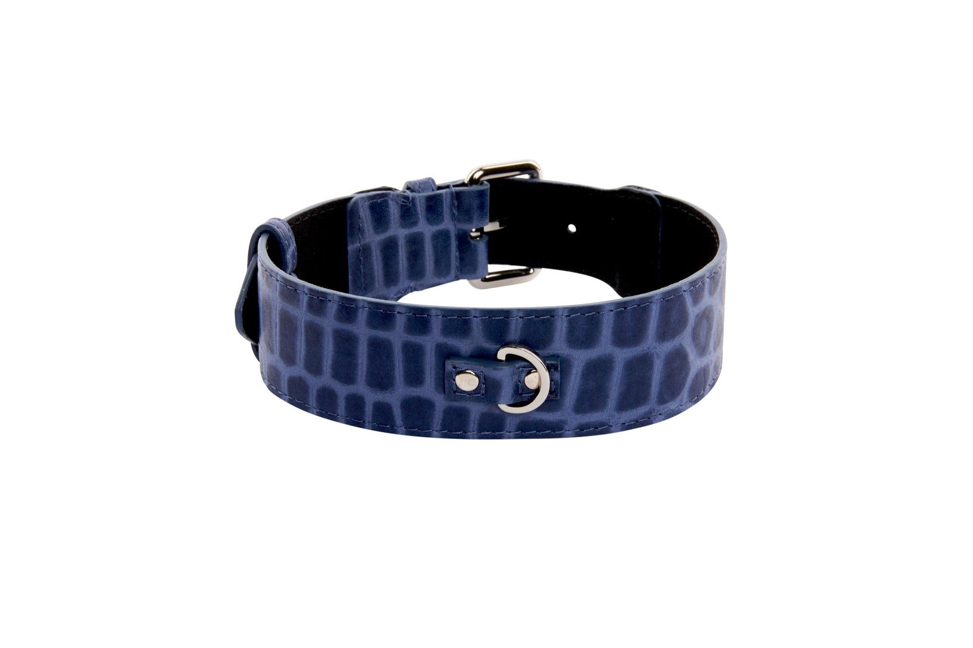 Allysa Payne Blue Embossed Croc Italian Leather Dog Collar With Silver Classic Hardware
