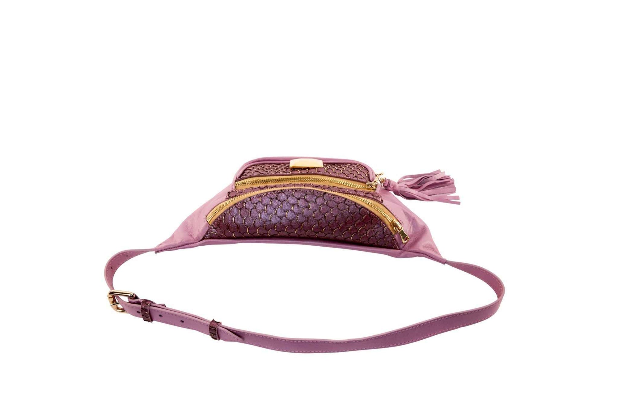 Allysa Payne Pearl Purple Italian Leather/Purple Tilapia Fanny Pack With Custom Large Gold Rivet