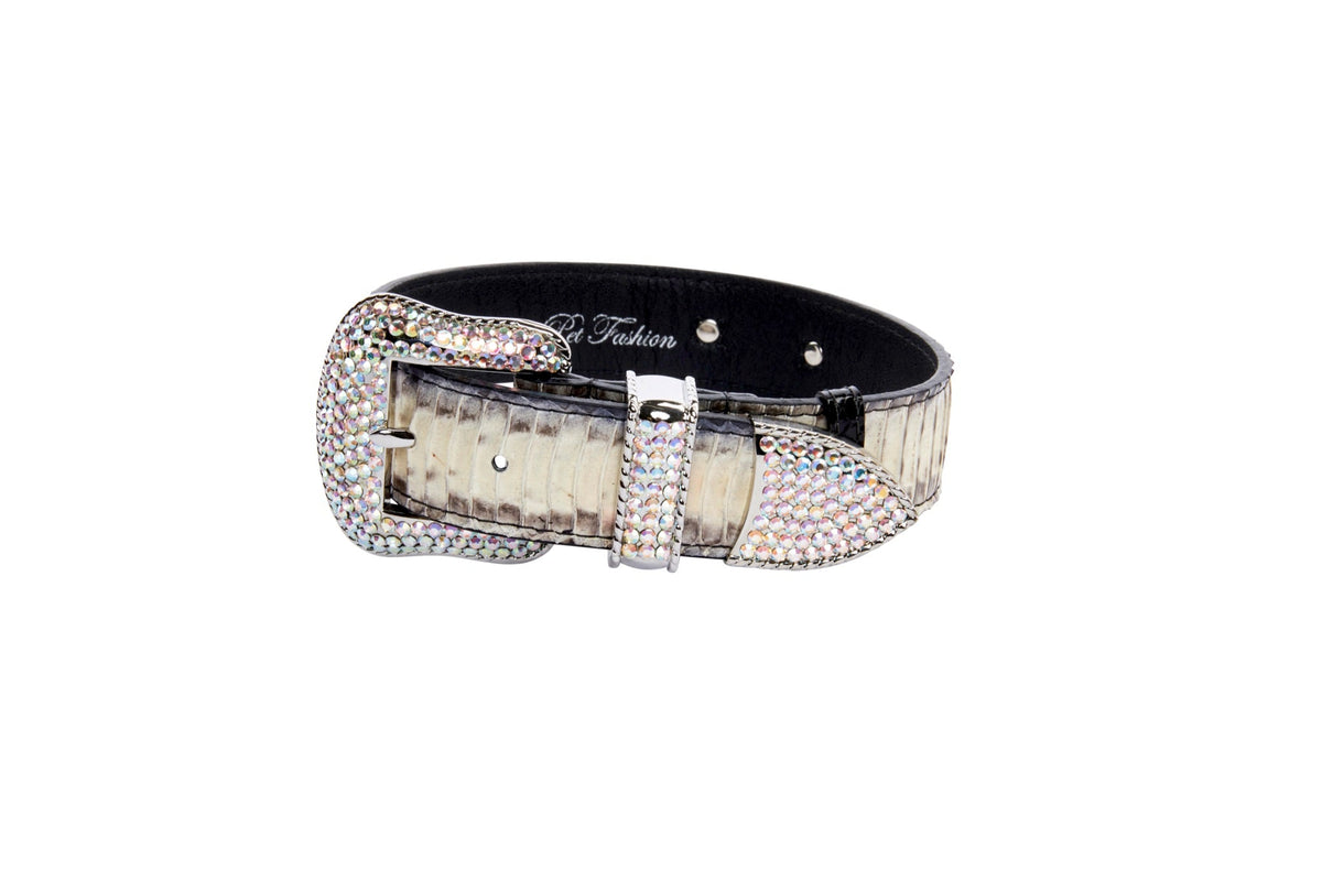 Allysa Payne Off White/Grey/Black Snake With Silver Swarovski Crystal Hardware Dog Collar