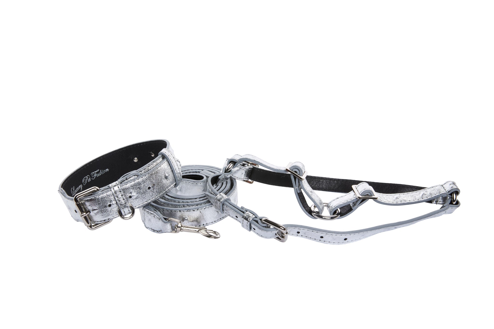 Silver Studded Italian Leather Classic Collar, Leash, Harness Set