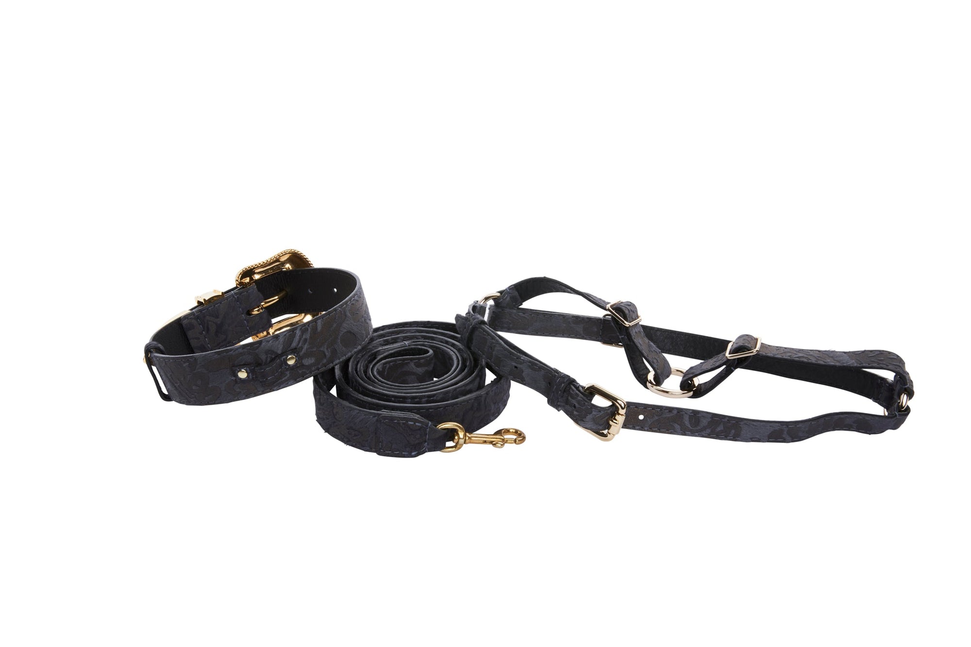 Allysa Payne Blue Grey Italian Leather With Velvety Floral Design With Swarovski Crystal Collar, Leash & Dog Harness