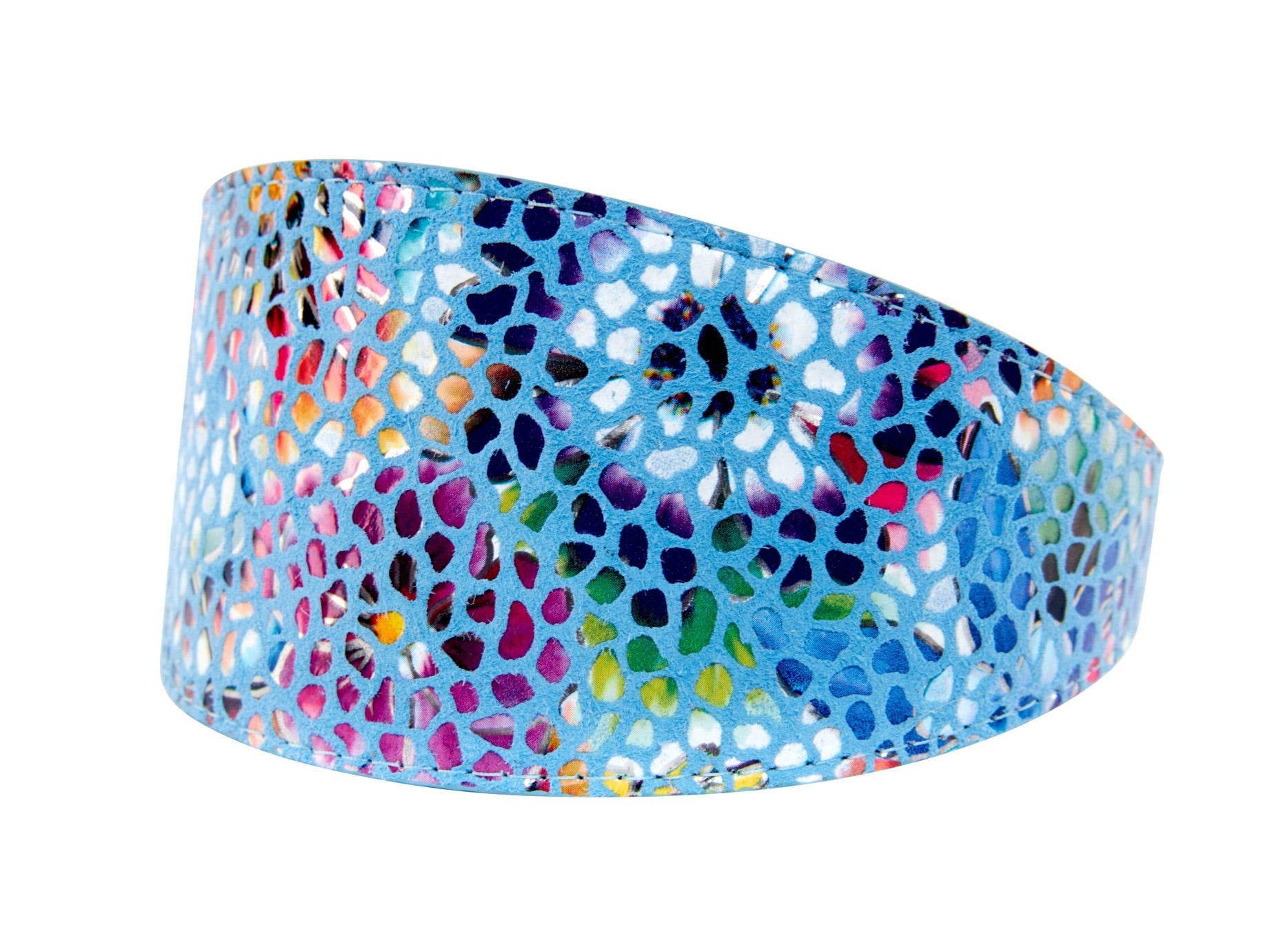 Blue Floral Mosaic Italian Leather 3” Wide Style Collar