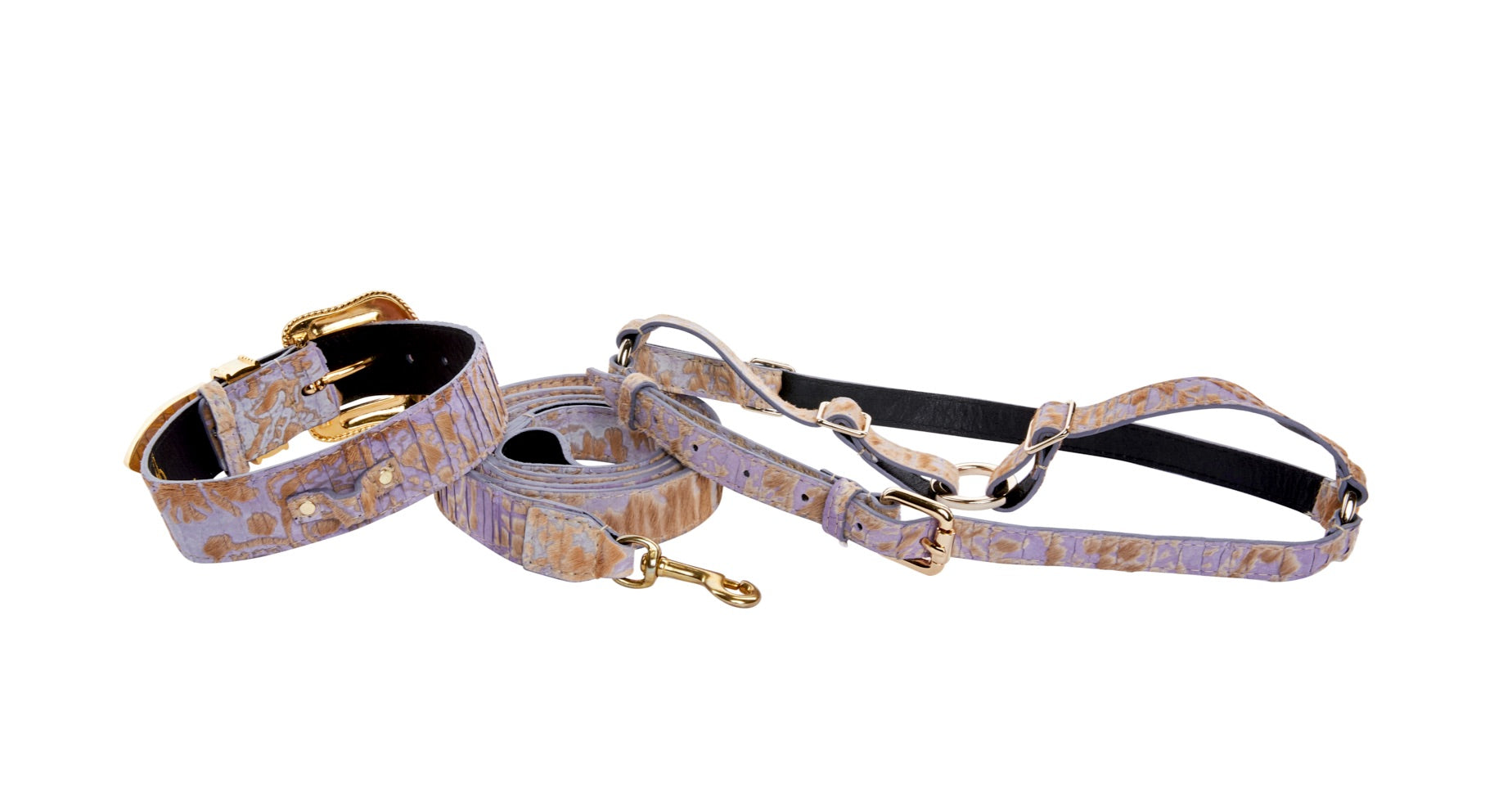 Light Purple Velvety Hair On Hide Italian Leather Swarovski Crystal Collar, Leash, Harness Set