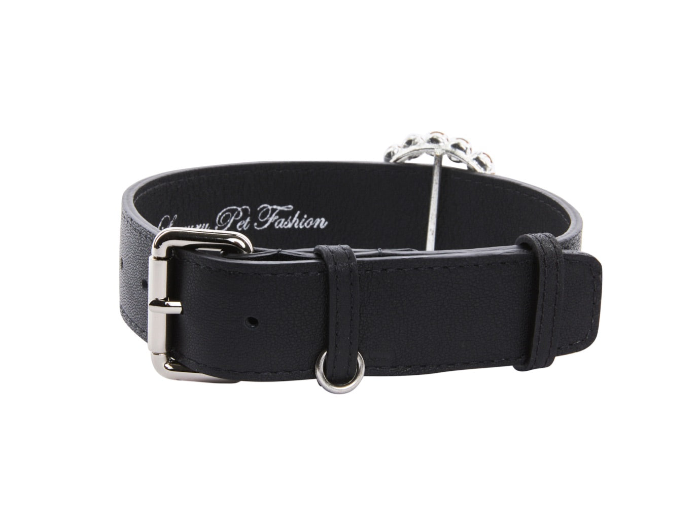 Allysa Payne Black Italian Leather Dog Collar With Authentic Crystal Ring/Reversible Classic Collar