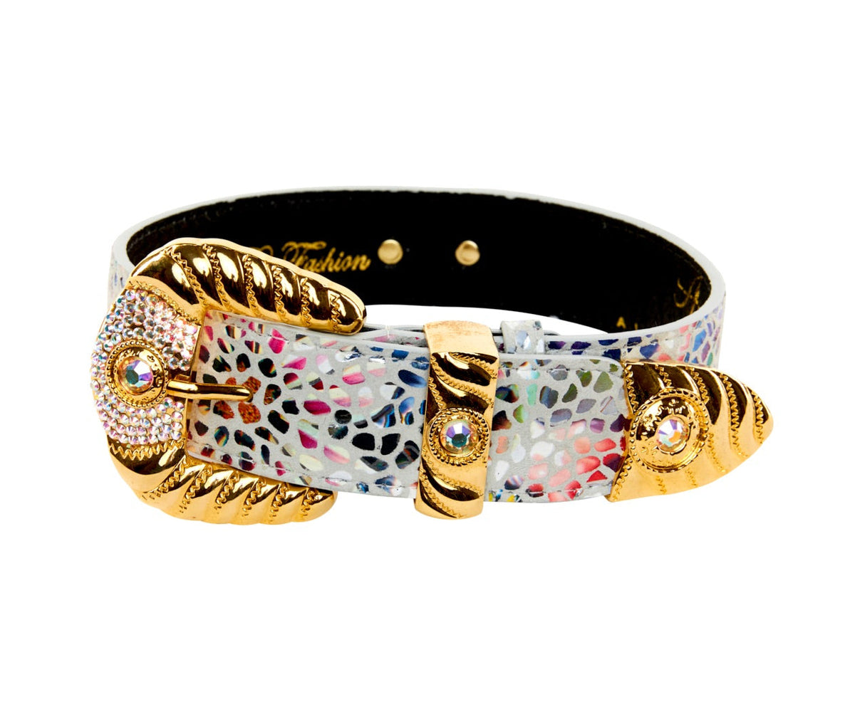 Allysa Payne White Floral Mosaic Italian Leather Dog Collar with Orante Swarovski Crystal Hardware