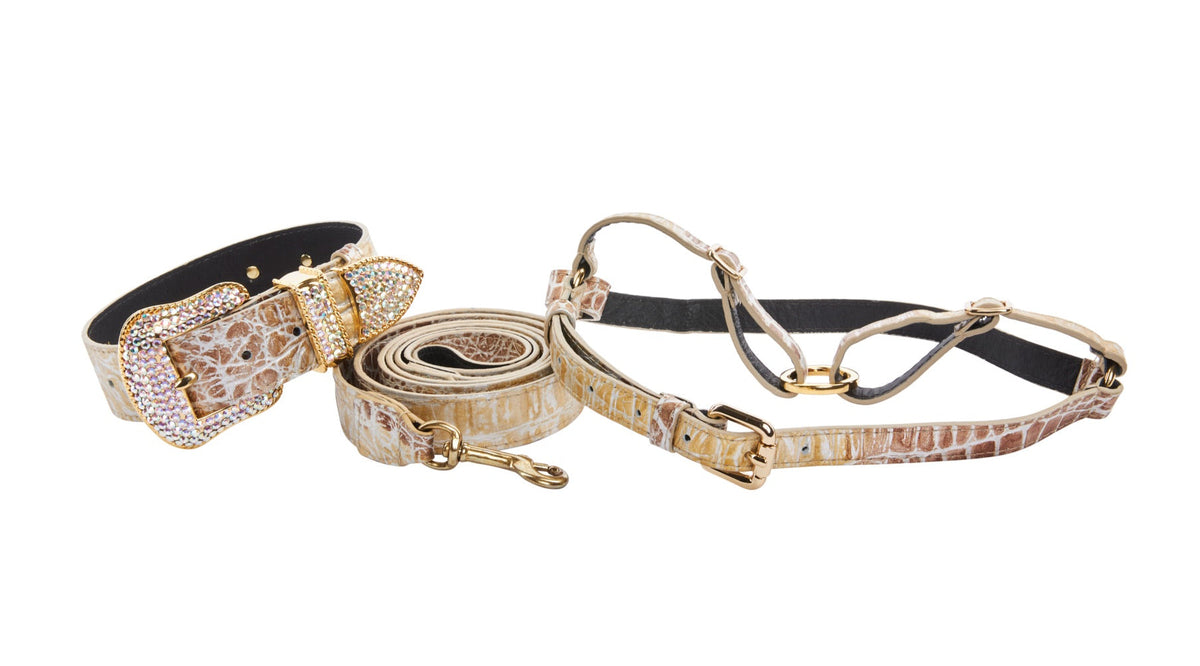 Allysa Payne Silver/Bronze/Gold Italian Leather Embossed Croc Swarovski Crystal Dog Collar, Leash & Harness Set