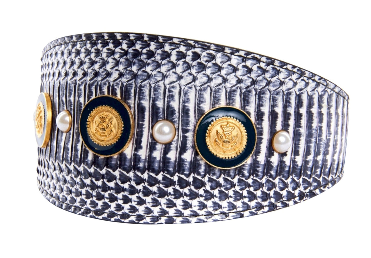 Allysa Payne Nautical Collection. White & Navy Snake With Nautical Navy & Gold Rivets & Pearls Dog Collar