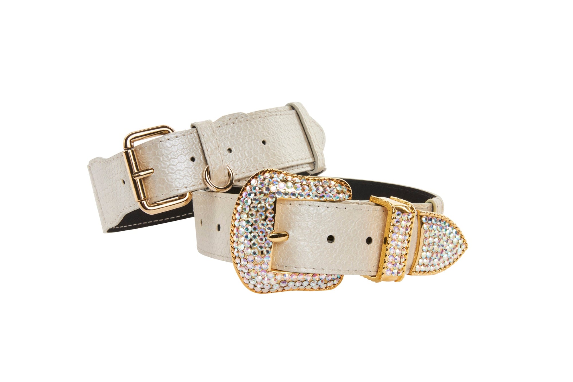 Allysa Payne Iridescent Off White Snake Dog Collar With Gold Classic Hardware & Swarovski Hardware Set