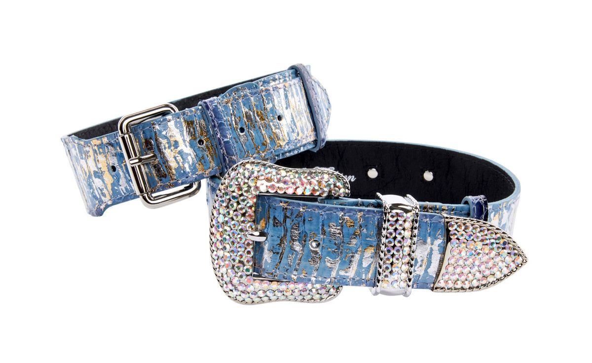 Allysa Payne Light Blue/Dark Blue Silver Iridescent Snake Classic Dog Collar & Swarovski Crystal Collar Set