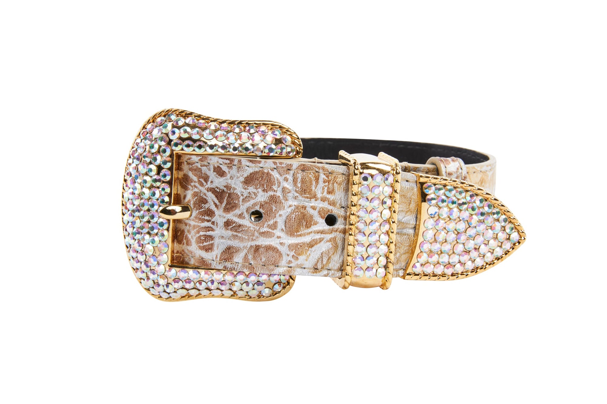 Allysa Payne Silver/Bronze/Gold Italian Leather Embossed Croc Swarovski Crystal Dog Collar