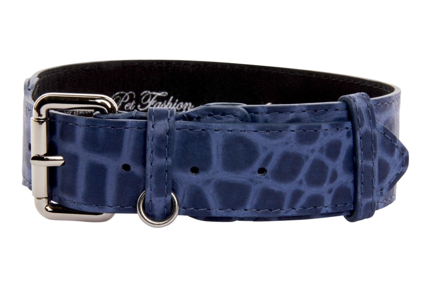 Allysa Payne Blue Embossed Croc Italian Leather Dog Collar With Silver Classic Hardware