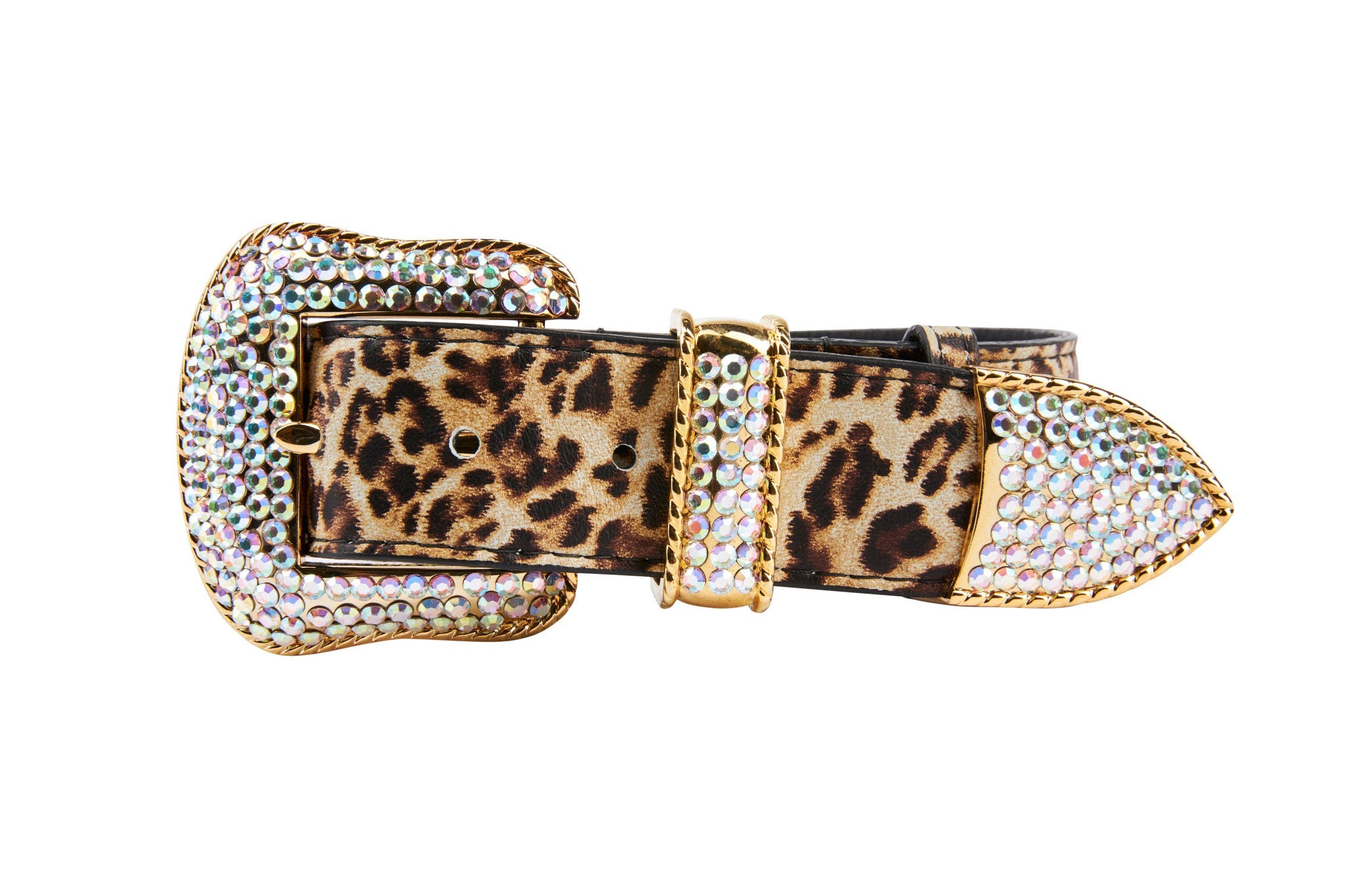 Leopard Print  Italian Leather Collar With Swarovski Crystal Hardware Set Of 2