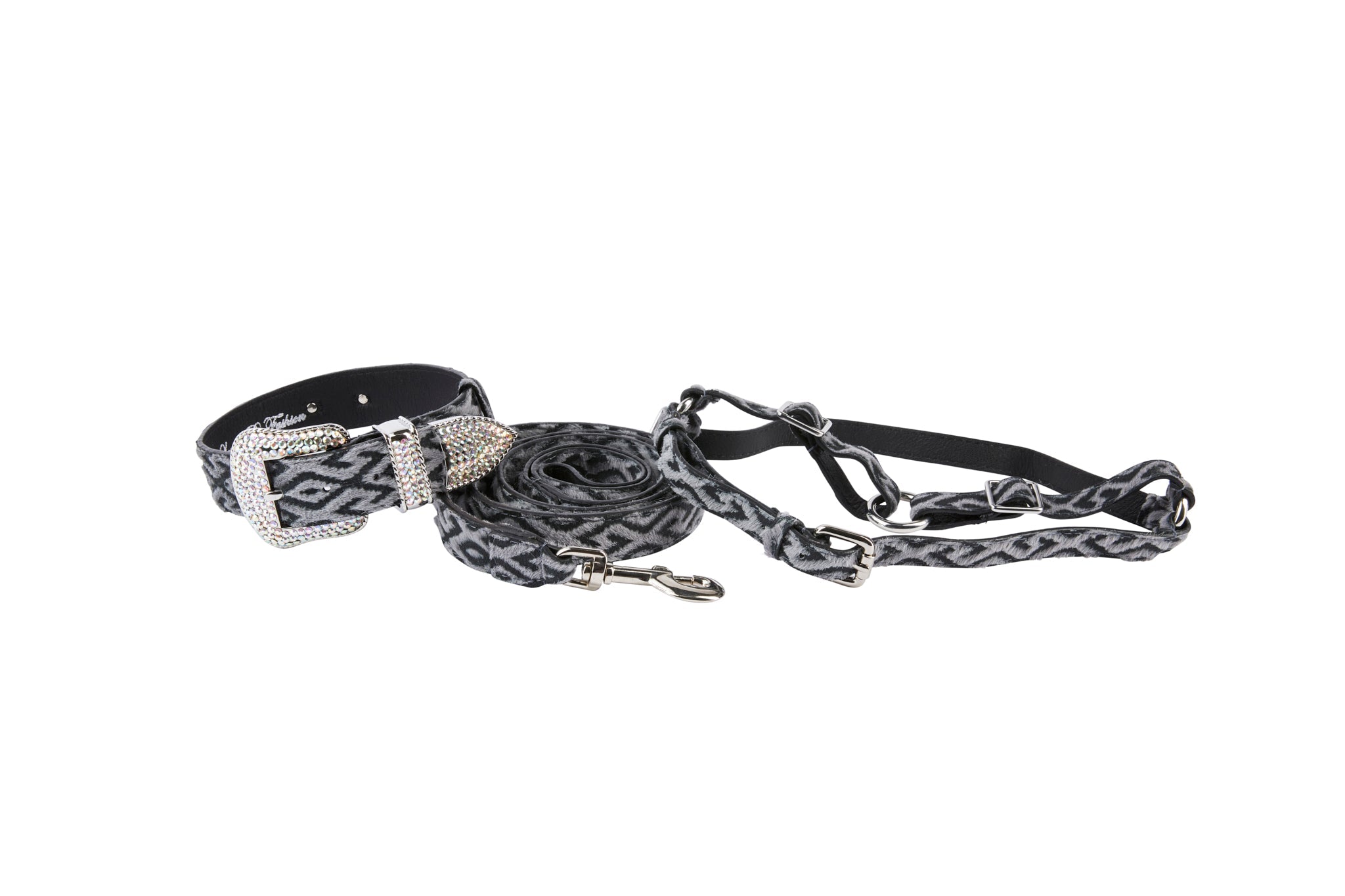 Blue Jean Color Patterned Hair On Hide Italian Leather Silver Swarovski Crystal Hardware Set