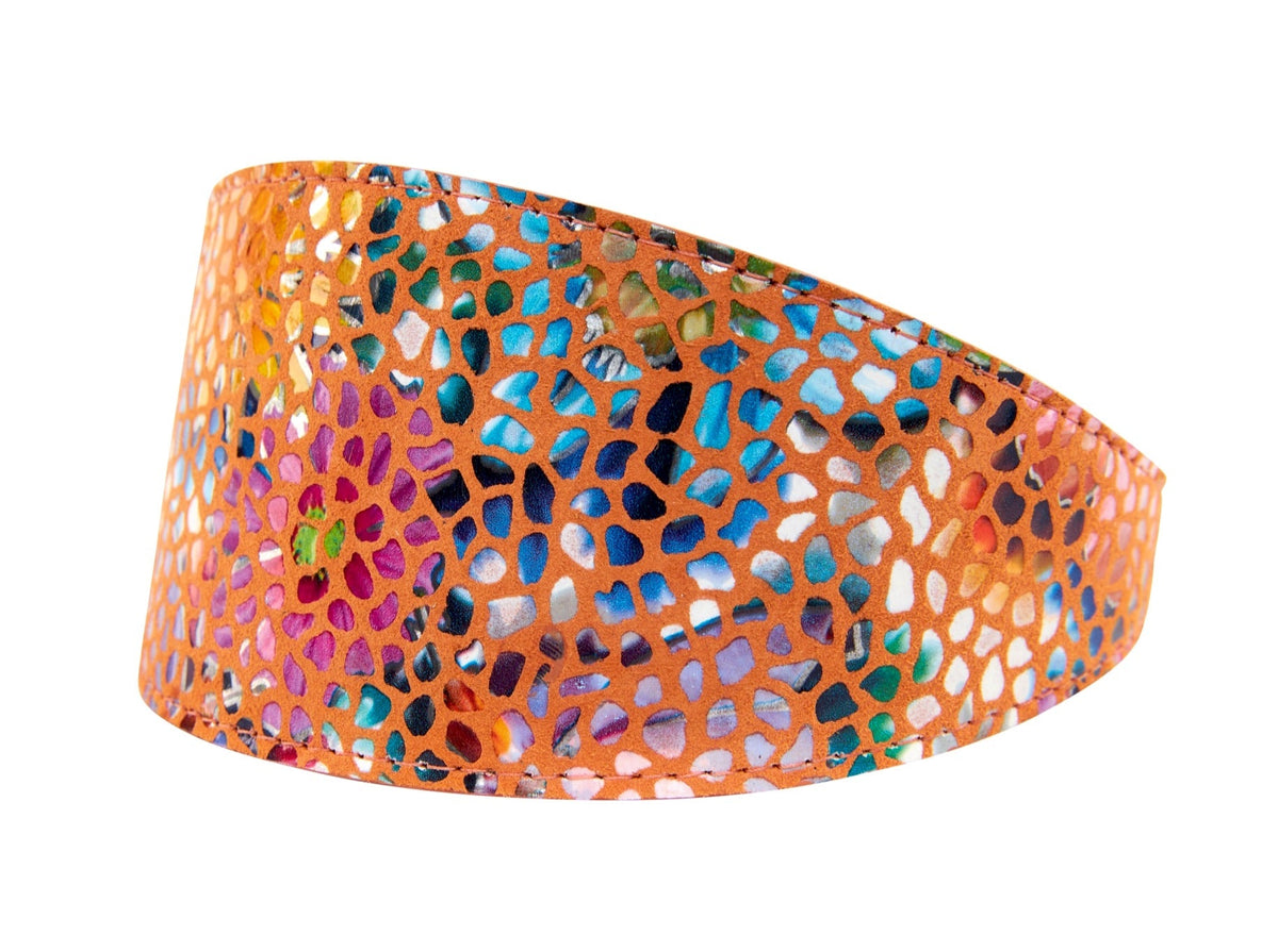 Allysa Payne Orange Floral Mosaic Italian Leather 3-Inch Wide Style Dog Collar