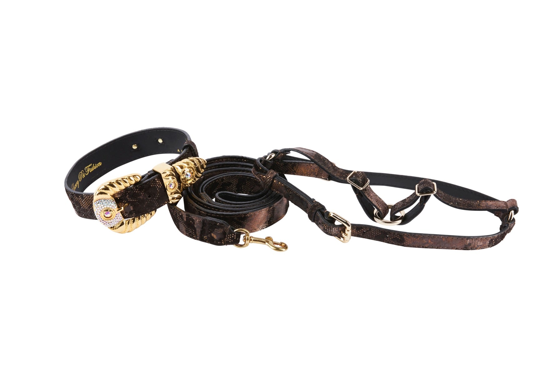 Allysa Payne Brown Lace In Leather Print Suede Italian Leather With Ornate Swarovski Crystal Italian Hardware Set Dog Collar