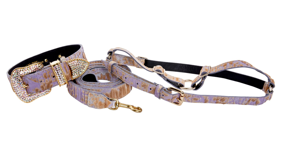 Allysa Payne Light Purple Velvety Hair On Hide Italian Leather Swarovski Crystal Dog Collar, Leash & Harness Set