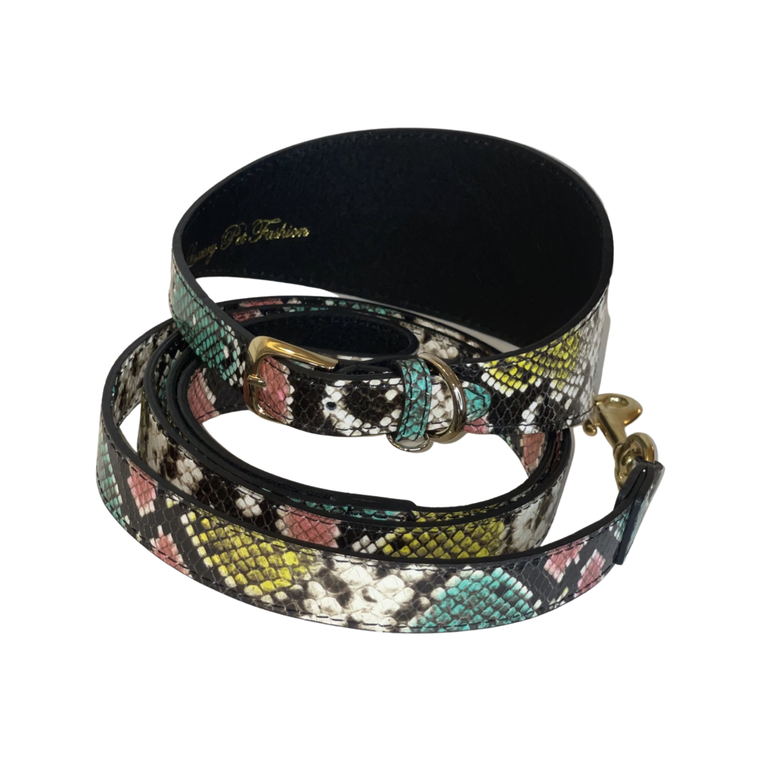 Multi-Color Embossed Snake Italian Leather, 3" Wide Style Collar & Leash Set