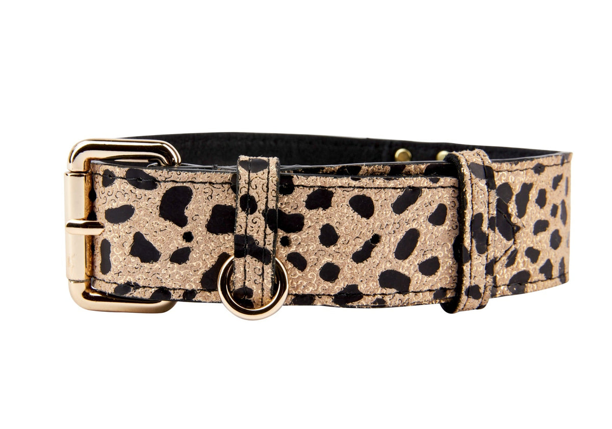 Allysa Payne Champagne Gold Leopard Print Italian Leather Reversible Heart Locket/Classic Dog Collar