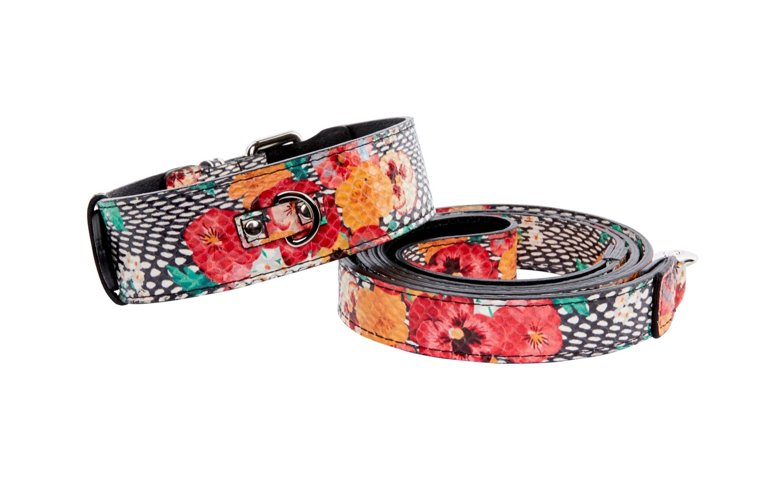 Pansy and Snake Print Embossed Italian Leather With Silver Classic Hardware Collar and Leash Set