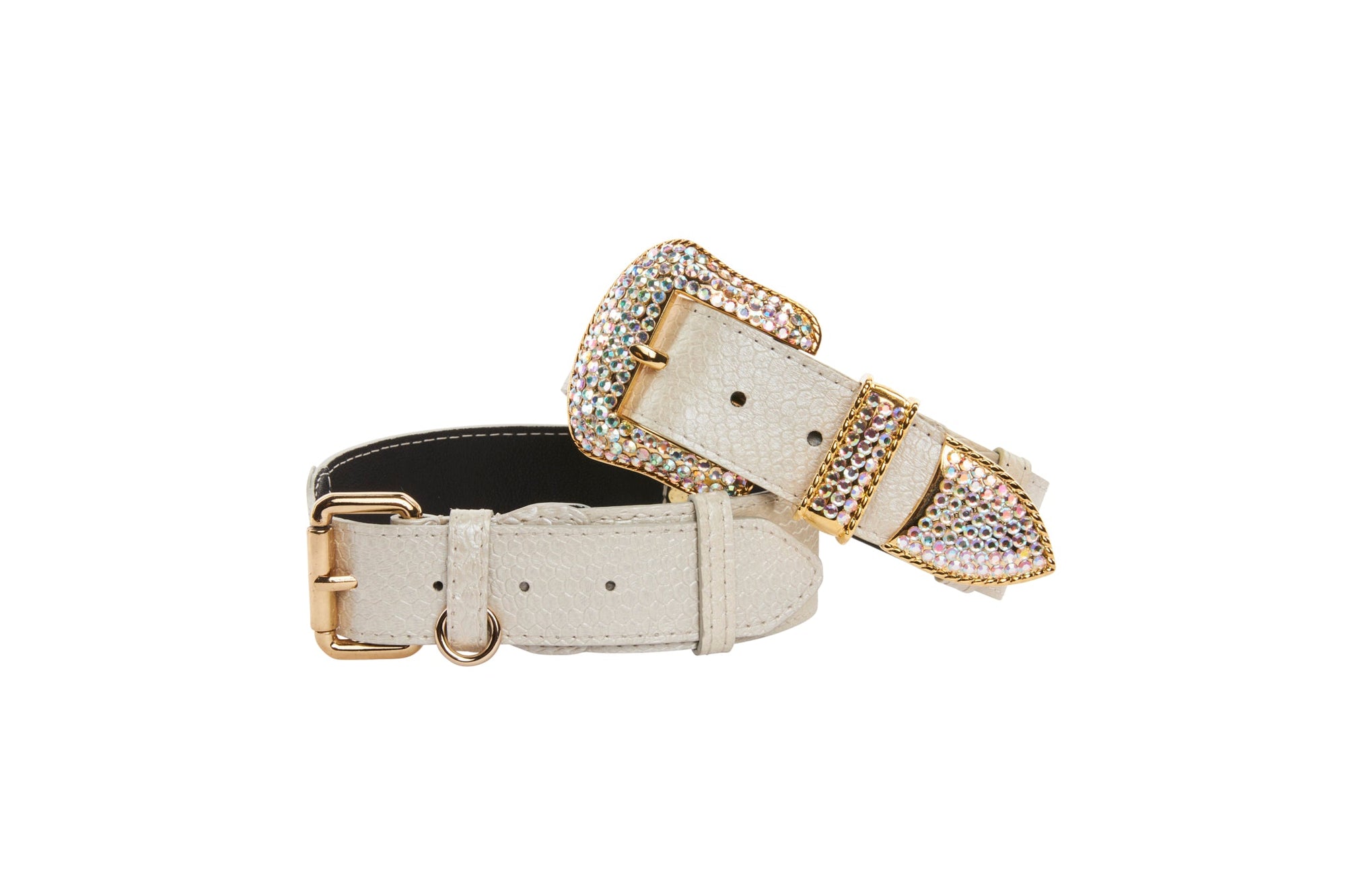 Allysa Payne Iridescent Off White Snake Dog Collar With Gold Classic Hardware & Swarovski Hardware Set