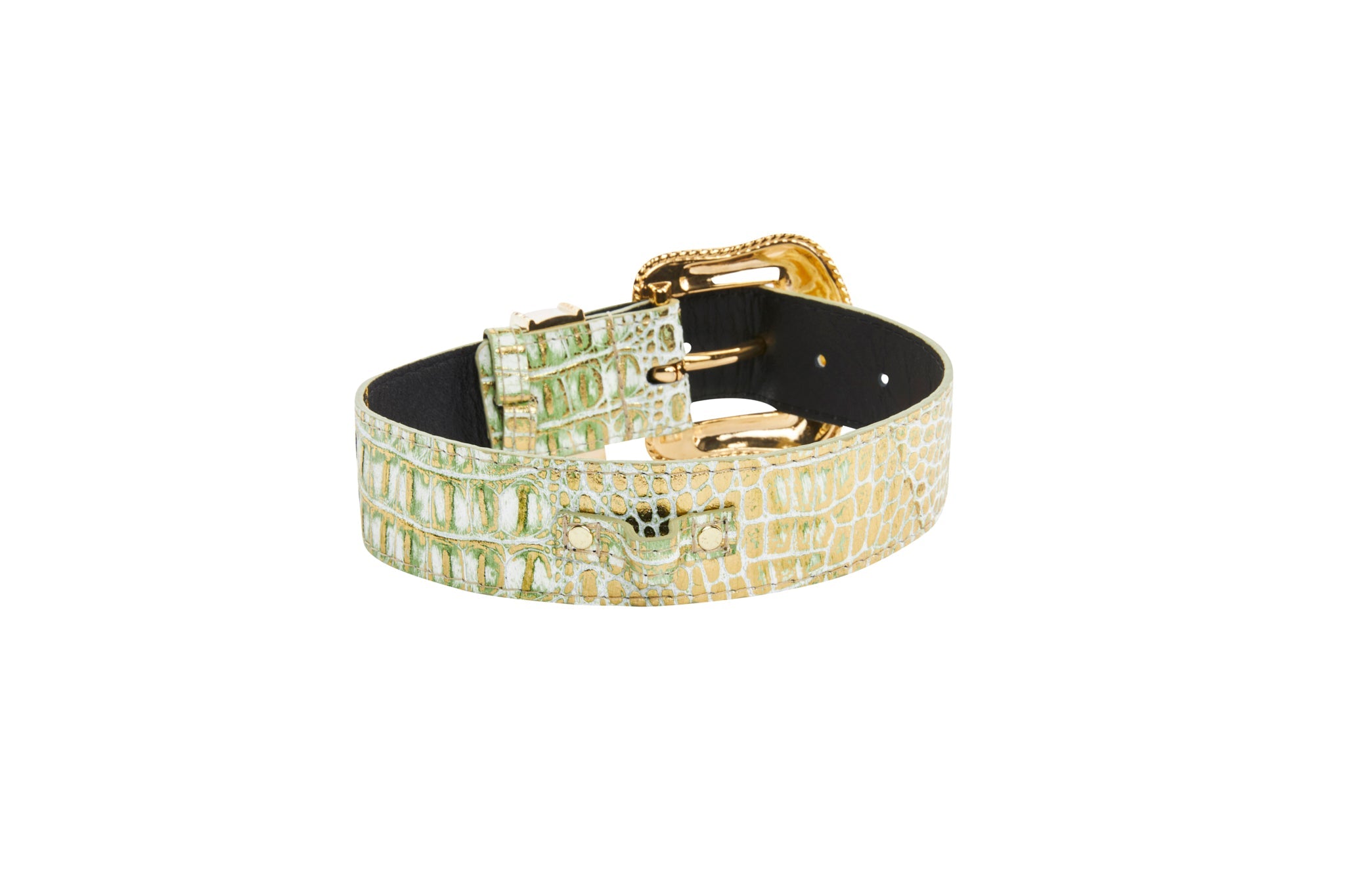 Green & Gold Embossed Croc Italian Leather Swarovski Crystal Collar