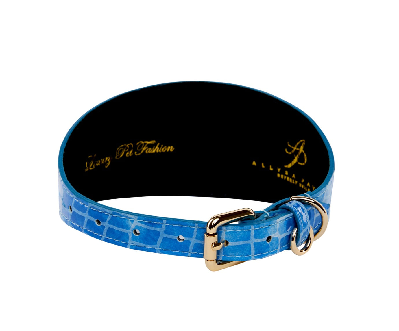 Allysa Payne Blue Patent Embossed Croc Italian Leather Dog Collar With Large Gold Custom Rivet