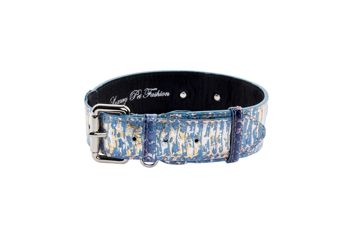 Allysa Payne Light Blue/Dark Blue Silver Iridescent Snake Dog Collar With Silver Classic Hardware