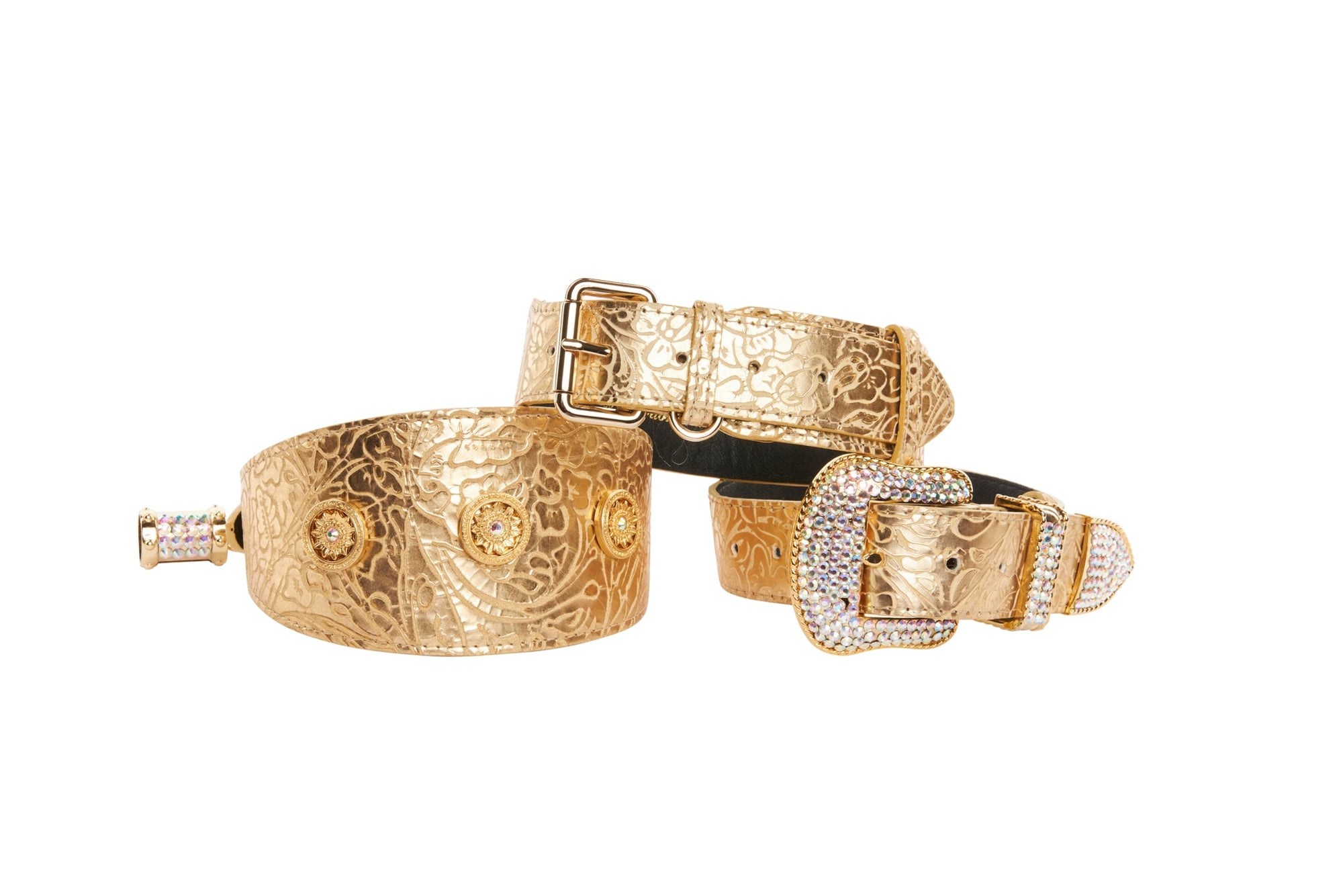 Allysa Payne Gold Floral Italian Leather Dog Collar. Set Of 3