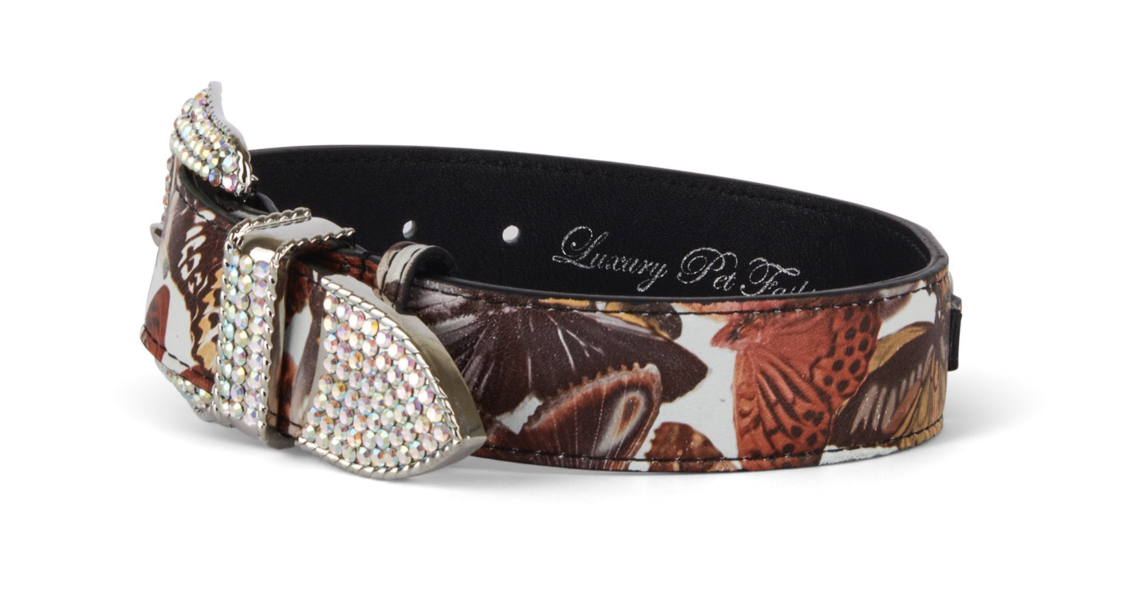 Allysa Payne Butterfly Print Italian Leather Dog Collar With Custom Swarovski Crystal Hardware