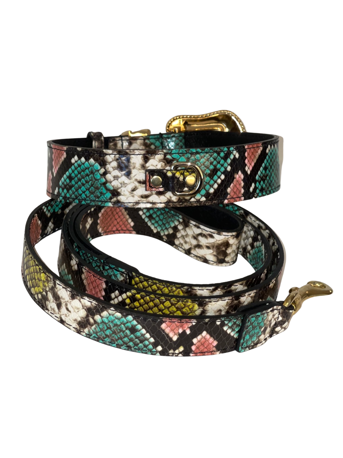 Multi-Color Embossed Snake Italian Leather Collar & Leash Set, with our Italian Made Swarovski Crystal Hardware