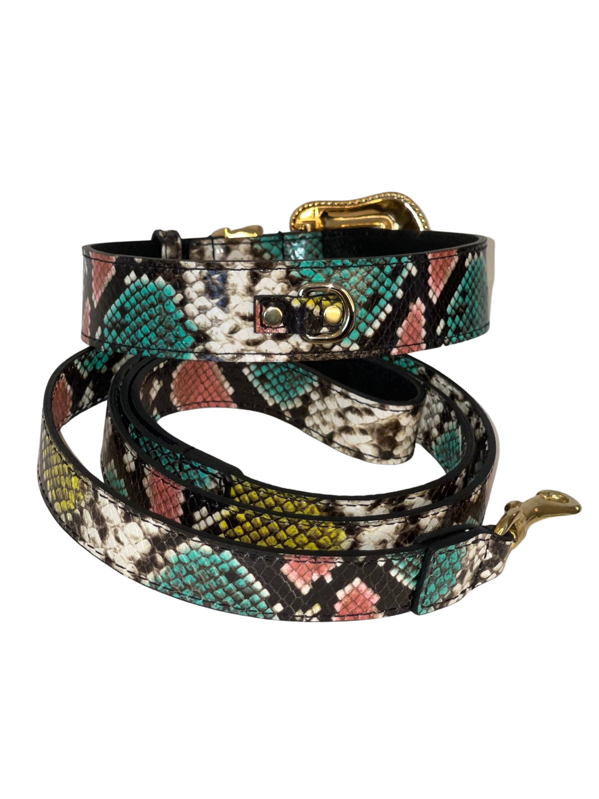 Allysa Payne Multi-Color Embossed Snake Italian Leather , with our Italian Made Swarovski Crystal Hardware Dog Collar & Leash Set