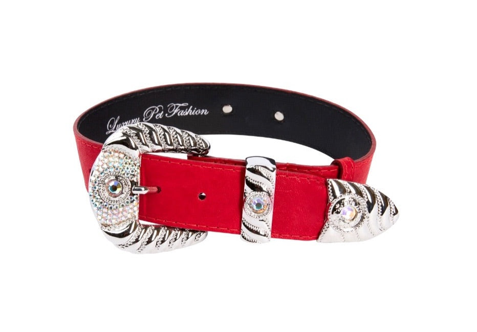 Allysa Payne Red Distressed Italian Leather With Silver Ornate Swarovski Hardware Dog Collar
