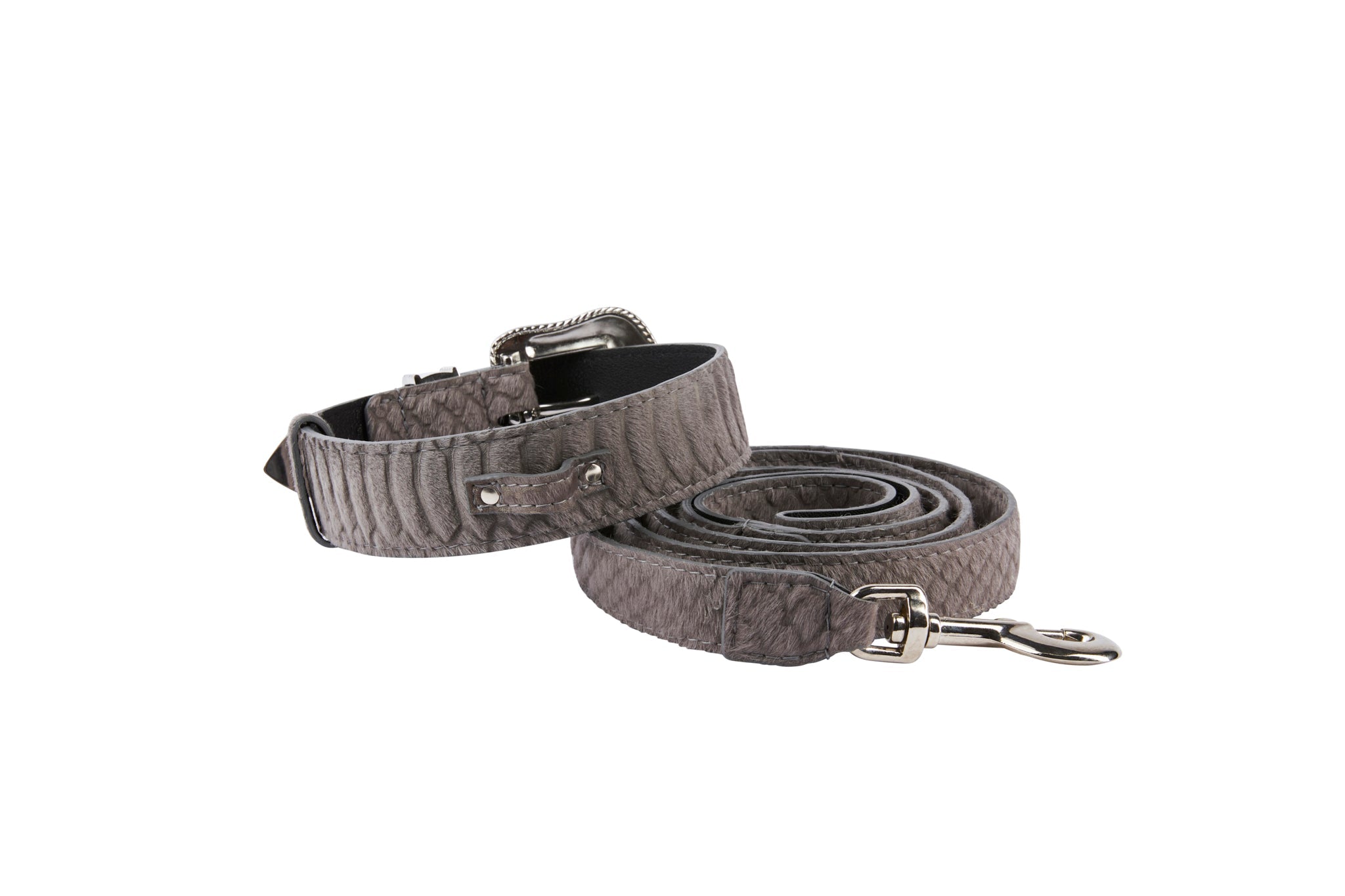 Dark Grey Snake Print Hair On Hide Italian Leather Collar & Leash Set With Swarovski Crystal Hardware