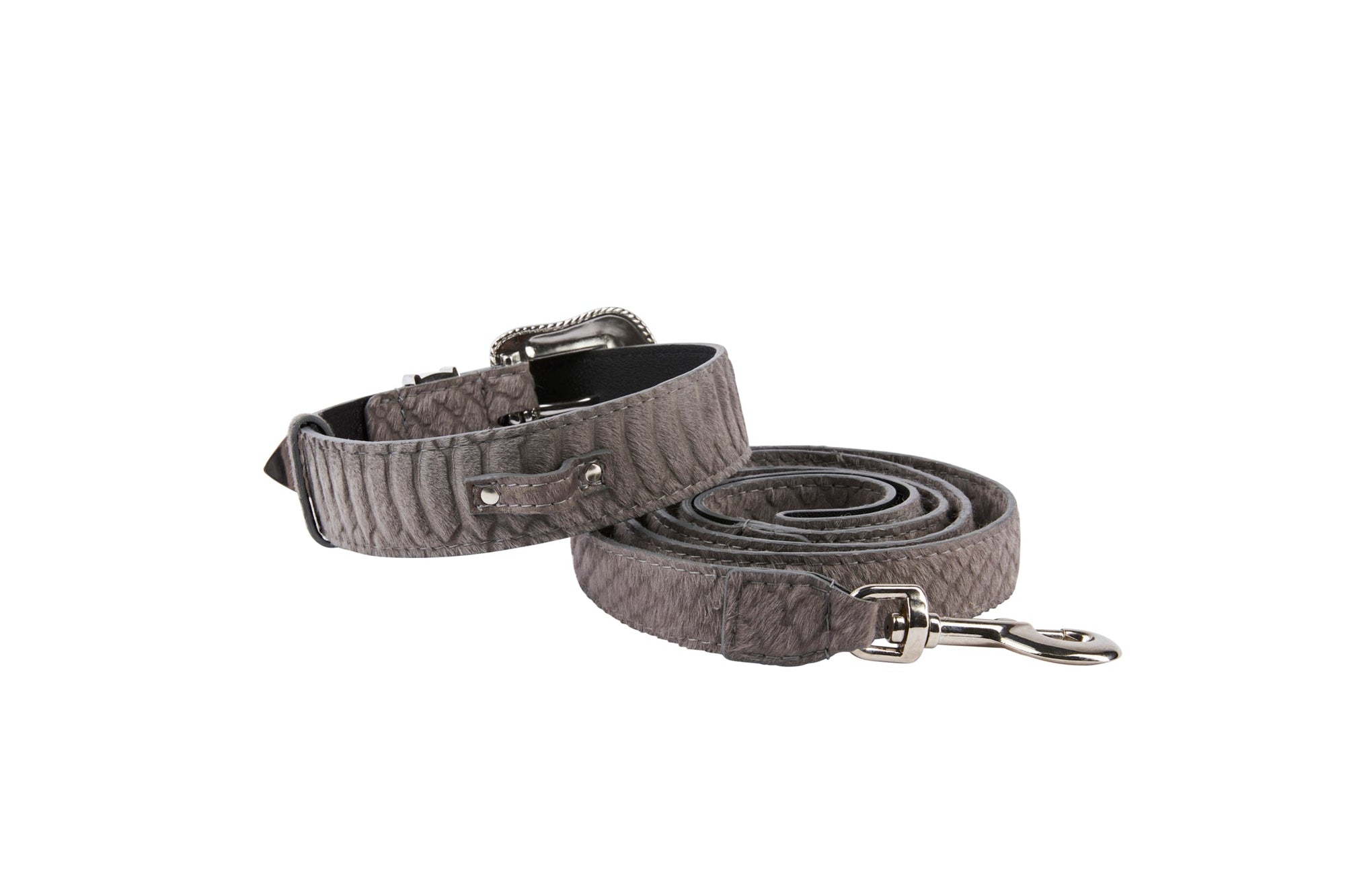 Allysa Payne Dark Grey Snake Print Hair On Hide Italian Leather With Swarovski Crystal Hardware Dog Collar & Leash Set